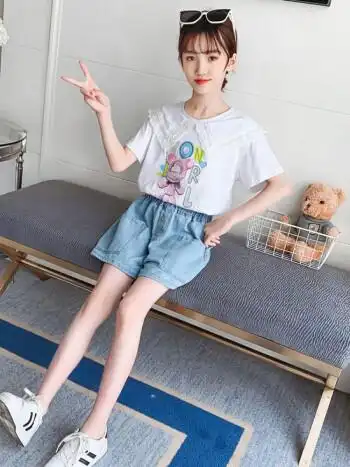 bmoi女童套装洋气夏装女孩短袖牛仔短裤潮童装薄款儿童两件套6-9岁小