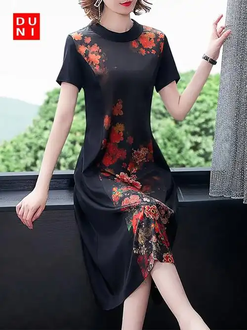 2020年新款女装夏装中国风重磅真丝桑蚕丝连衣裙收腰显瘦减龄气质