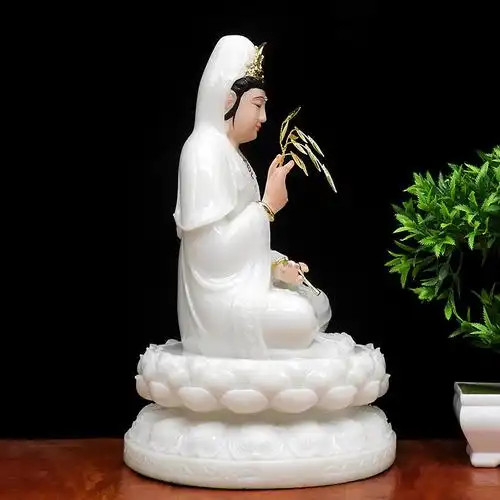 玉观音佛像汉白白玉菩萨16寸南海观音居家供奉摆件