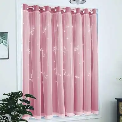 网红ins公主风窗帘免打孔安装伸缩杆卧室全遮光简约镂空星星飘窗