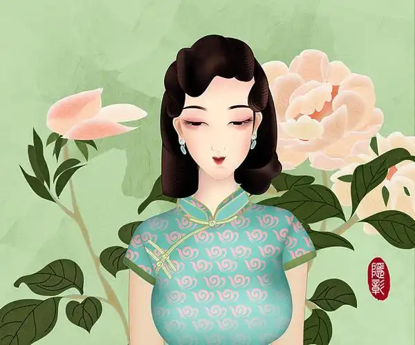 旗袍风情怀旧插画手绘优雅女性唯美老上海旧上海风情装饰画无框画旗袍