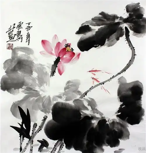 国画荷花小鱼水墨字画手绘写意新中式禅意斗方装饰画