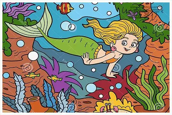 彩色的海底世界简笔画美人鱼.