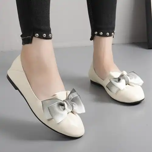 浅口单鞋女仙女风格百丽潮平底鞋春秋款拼接蝴蝶结圆头牛皮软底鞋
