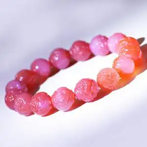 天然凉山粉盐源玛瑙手链女款 罕见全粉七彩南红雕刻花手串 送证书
