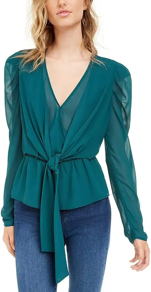 leyden 泡泡袖前系带上衣 青色 l 码