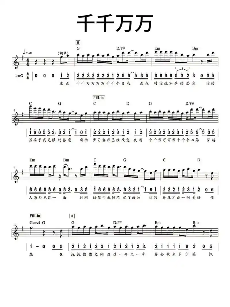 千千万万 电子琴谱(简谱五线谱)#电子琴曲#千千万万#钢琴简 - 抖音