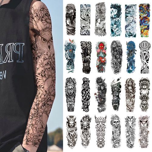 全臂纹身贴防水男人持久黑白炫酷手臂仿真刺青大图花臂龙鱼图腾