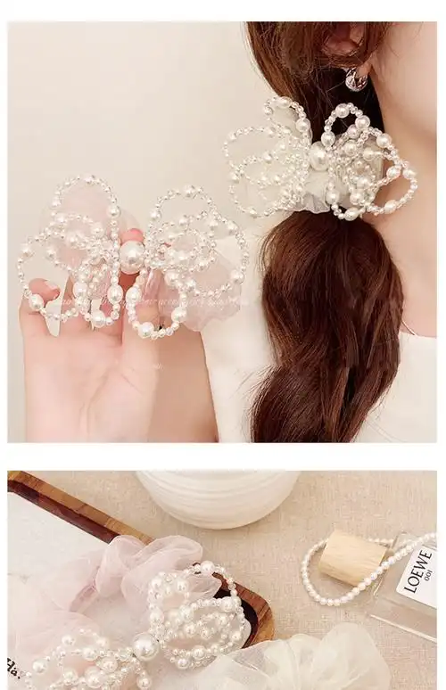 超仙时尚珍珠发圈百搭网纱头绳甜美少女蝴蝶结发绳女洋气马尾头饰