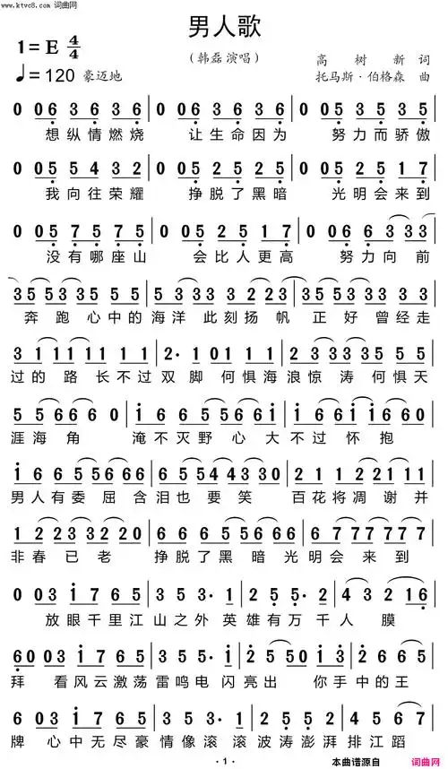 男人歌简谱-韩磊演唱-高树新/托马斯·伯格森词曲-看谱啦