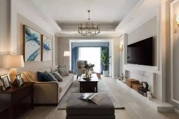 对于没有电视柜的客厅,大理石背景墙是一个优雅的设计选择.