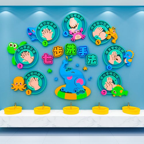 儿童七步洗手法步骤图墙贴幼儿园环创墙面装饰卡通贴纸厕所主题墙
