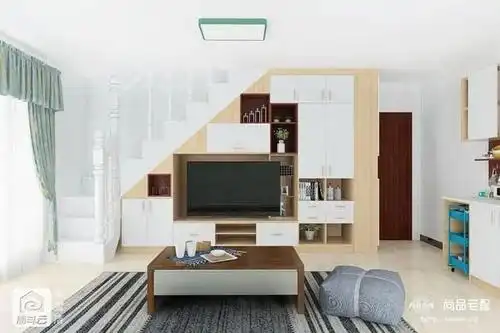白色 原木色相间的电视柜与纯白色楼梯扶手想呼应,开放格与封闭柜