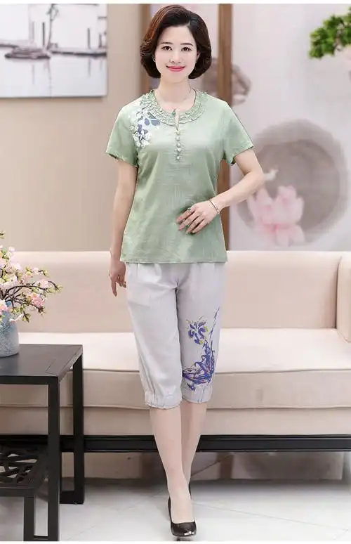 中老年女装40-50岁妈妈装夏装上衣两件套夏季中年妇女短袖套装_白菜坑