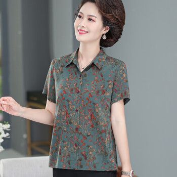 edun中老年真丝短袖上衣妈妈夏装女装女衬衫奶奶装洋气60岁70人桑蚕丝