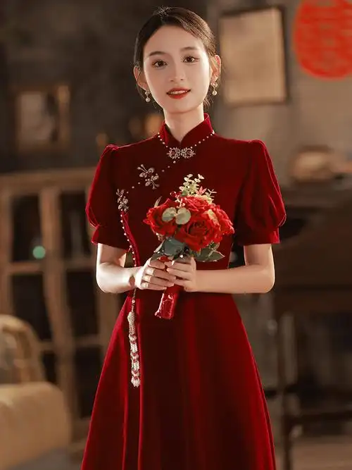 旗袍敬酒服新娘2022新款中式改良红色订婚礼服连衣裙女结婚回门夏