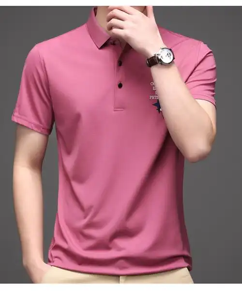 衫t恤男短袖纯色休闲中青年男士潮流宽松棉翻领polo衫上衣粉色54xxl