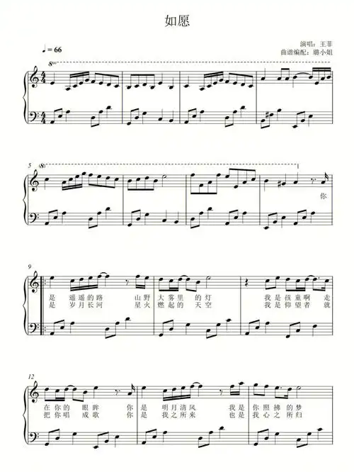 简单易弹王菲如愿c调钢琴谱分享