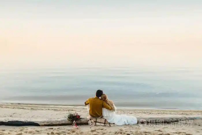 在海滩上浪漫的约会.查看从后面.婚礼.图稿