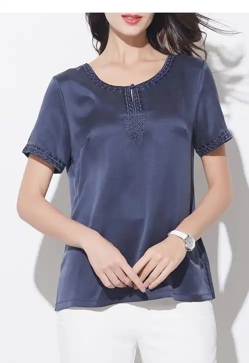 正品】恒源祥2019春夏新款短袖桑蚕丝女t恤中老年直筒纯色宽松半袖女