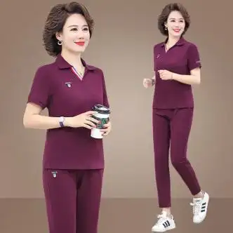 衡曾中年妇女妈妈套装夏天40到50岁运动衣服两件女装夏装中夏季女葡萄