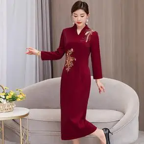 旗袍长袖2023新款高端婚礼结婚妈妈礼服高贵秋装秋天喜婆婆婚宴装