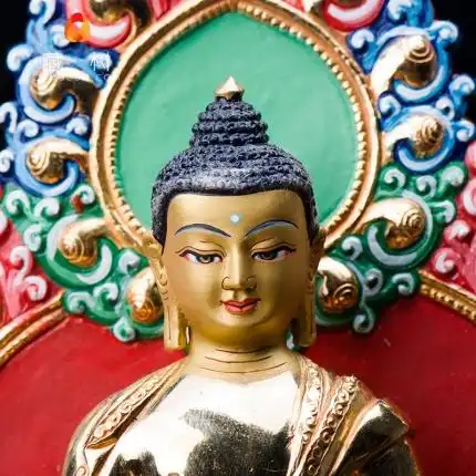 藏传佛教用品 密宗佛像摆件尼泊尔纯铜全鎏金7寸带背光阿弥陀佛像