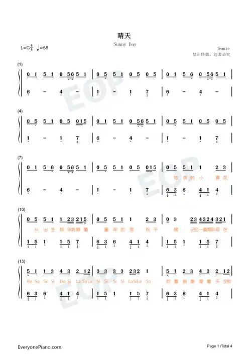 晴天-原调简单版-周杰伦双手简谱预览1-钢琴谱文件(五线谱,双手简谱