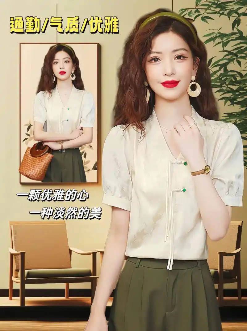 新中式盘扣短袖复古气质淑女百雪纺衬衫