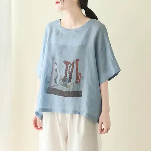 印花半袖棉麻女装亚麻宽松短款圆领白色上衣女休闲夏季女士t恤薄