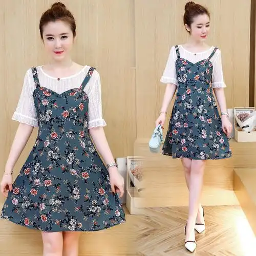 胖mm大码女装夏装2018新款洋气碎花雪纺裙子200斤蕾丝遮肚连衣裙图片