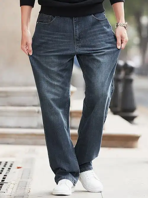 牛仔裤男加肥阔腿弹力春秋季宽松直筒加大码男士牛仔裤休闲长裤子