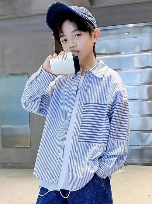 c15网图 男童衬衫薄款炸街儿童夏季痞帅男孩防晒条纹