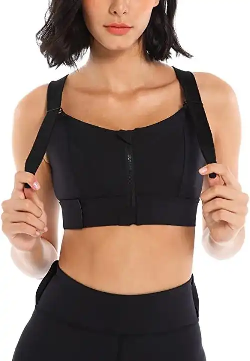 女式运动文胸瑜伽锻炼高冲击前扣背心,可调节肩带支撑交叉后背文胸