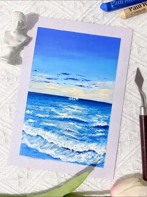 油画棒风景画蓝色大海绘画过程分享