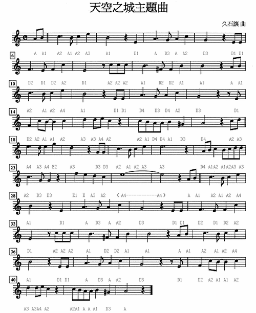 小提琴天空之城的谱子