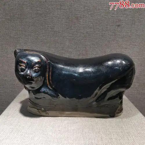 老瓷器收藏清代白黑瓷猫枕民俗老物件真品中国民俗文化装饰摆件怀旧有