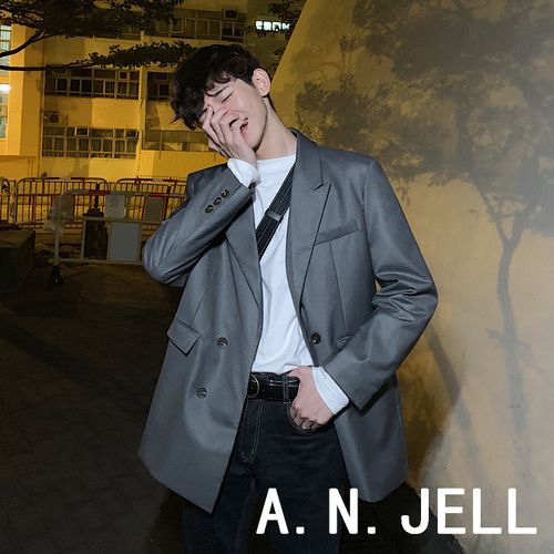 韩国版ulzzang男装东大门19春ins李钟硕灰色双排扣休闲小西服西装