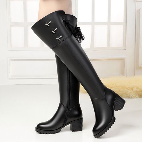 高筒长靴子女过膝靴女高跟粗跟真皮长筒靴羊毛大棉靴妈妈冬靴加绒