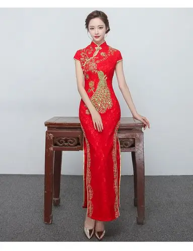 敬酒服旗袍长款2017新款秋冬中式修身显瘦鱼尾新娘红色结婚礼服女