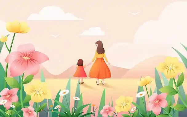 母亲节卡通手绘温馨母女氛围场景插画