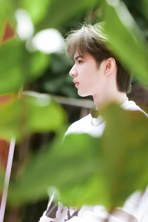 刘耀文绿叶间侧颜照#刘耀文旅游日常花絮照有,绿叶间帅气精致侧训的