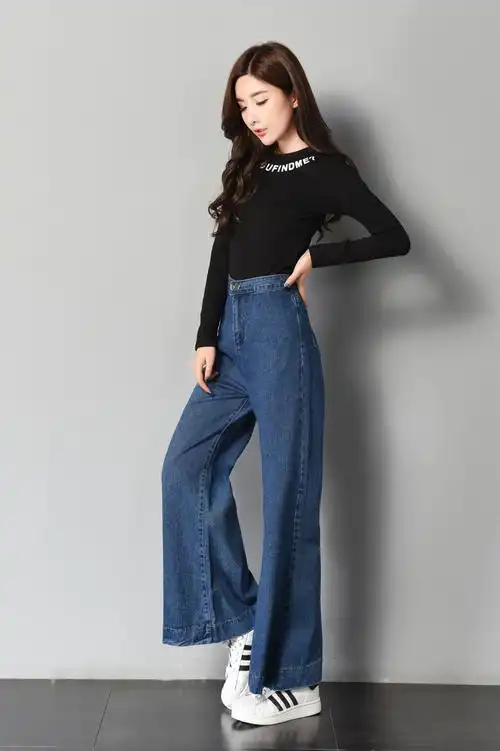 实拍2017年秋季新款双扣 高腰喇叭裤长裤阔脚裤女牛仔裤子 蓝色 xl