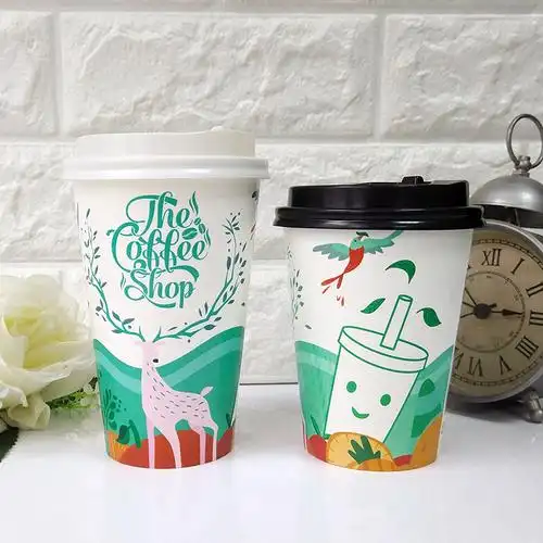 一次性加厚双淋膜麋鹿图案奶茶杯纸杯400/500ml咖啡纸杯500只
