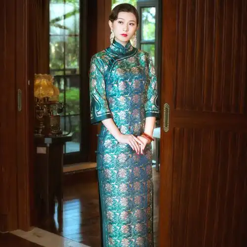 三重门{玉锦}55姆米宋锦旗袍中式复古华丽京派如意袖经典影视中长