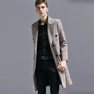 潮诀中长款格子西装男大码2018春秋新款韩版修身格纹西服外套1155