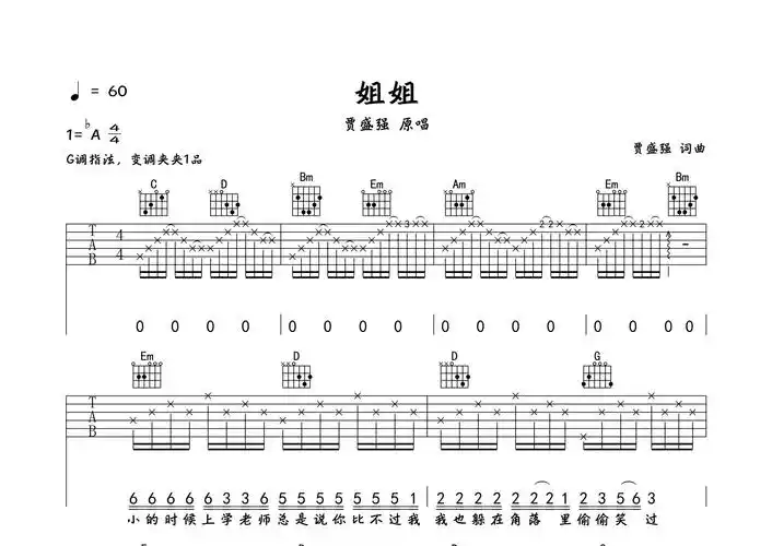姐姐吉他谱_贾盛强_g调吉他弹唱六线谱_弹走鱼尾纹编配
