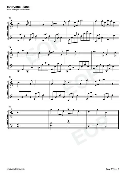 渔光曲-c调简单版五线谱预览2-钢琴谱文件(五线谱,双手简谱,数字谱