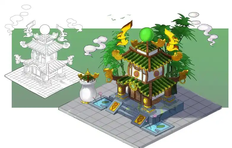 q版建筑单体设计 焚香谷 焚香派勾线 平涂 游戏原画|插画|游戏原画|不