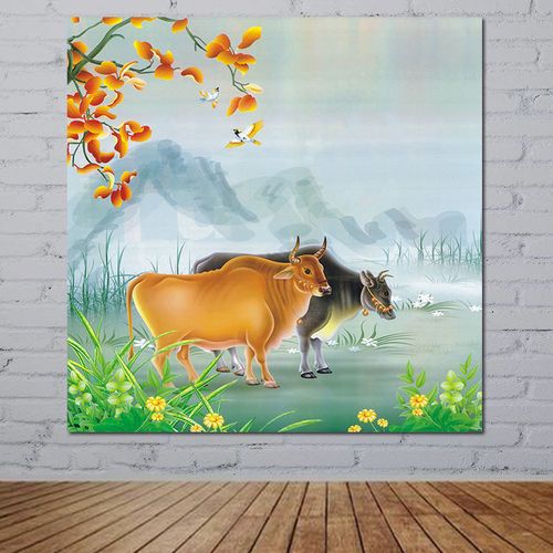 黄牛水牛贴画挂画牛风水图案相纸海报五牛图老黄牛方形自粘装饰画